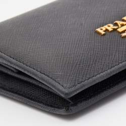 Pre Owned Prada Black Saffiano Metal Leather Logo Flap Card Case