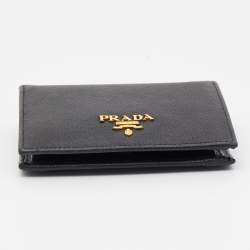 Pre Owned Prada Black Saffiano Metal Leather Logo Flap Card Case