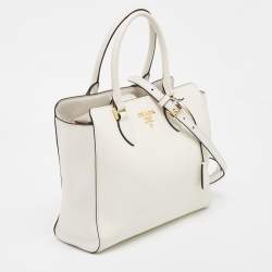 Prada Two Tone Off White Saffiano Lux/Soft Leather Convertible Tote
