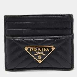 Prada Black Quilted Leather Triangular Logo Card Holder 