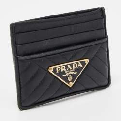 Prada Black Quilted Leather Triangular Logo Card Holder 