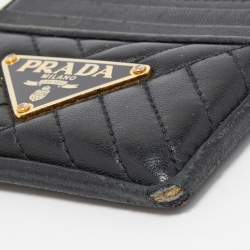 Prada Black Quilted Leather Triangular Logo Card Holder 