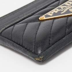 Prada Black Quilted Leather Triangular Logo Card Holder 