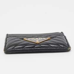 Prada Black Quilted Leather Triangular Logo Card Holder 