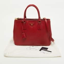Pre Owned Prada Red Saffiano Lux Leather Medium Double Zip Tote
