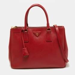 Pre Owned Prada Red Saffiano Lux Leather Medium Double Zip Tote