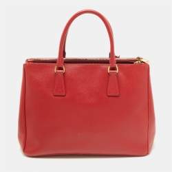 Pre Owned Prada Red Saffiano Lux Leather Medium Double Zip Tote