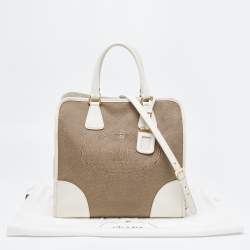 Pre Owned Prada White/Beige Canvas and Saffiano Leather Large Convertible Tote
