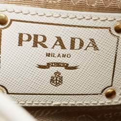 Pre Owned Prada White/Beige Canvas and Saffiano Leather Large Convertible Tote
