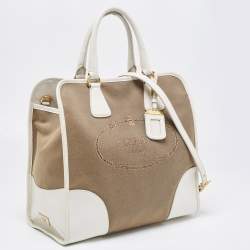 Pre Owned Prada White/Beige Canvas and Saffiano Leather Large Convertible Tote