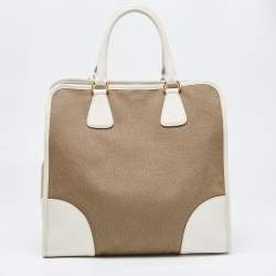 Pre Owned Prada White/Beige Canvas and Saffiano Leather Large Convertible Tote