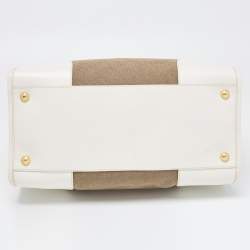 Pre Owned Prada White/Beige Canvas and Saffiano Leather Large Convertible Tote