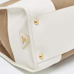 Pre Owned Prada White/Beige Canvas and Saffiano Leather Large Convertible Tote