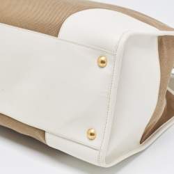 Pre Owned Prada White/Beige Canvas and Saffiano Leather Large Convertible Tote