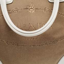 Pre Owned Prada White/Beige Canvas and Saffiano Leather Large Convertible Tote