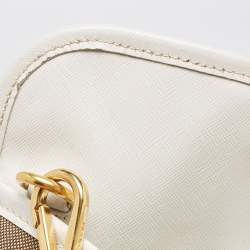 Pre Owned Prada White/Beige Canvas and Saffiano Leather Large Convertible Tote