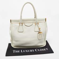 Pre Owned Prada Off White Leather Frame Tote
