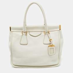 Pre Owned Prada Off White Leather Frame Tote