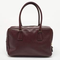 Pre Owned Prada Burgundy Saffiano Lux Leather Bauletto Bag