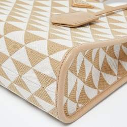 Pre Owned Prada Beige Embroidered Fabric and Leather Small Symbole Tote