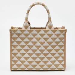Pre Owned Prada Beige Embroidered Fabric and Leather Small Symbole Tote