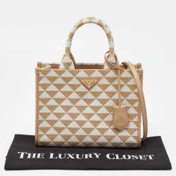 Pre Owned Prada Beige Embroidered Fabric and Leather Small Symbole Tote