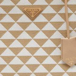 Pre Owned Prada Beige Embroidered Fabric and Leather Small Symbole Tote