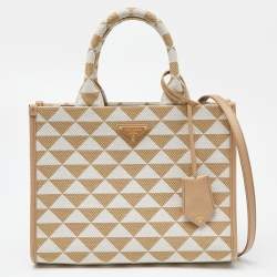 Pre Owned Prada Beige Embroidered Fabric and Leather Small Symbole Tote