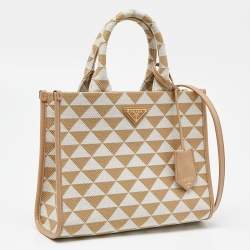 Pre Owned Prada Beige Embroidered Fabric and Leather Small Symbole Tote