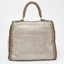 Pre Owned Prada Metallic Silver Woven Madras Leather Top Handle Bag