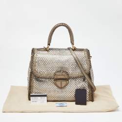 Pre Owned Prada Metallic Silver Woven Madras Leather Top Handle Bag