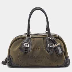 Pre Owned Prada Black/Military Green Canvas Jacquard Logo Satchel