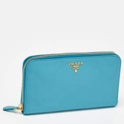 Prada Turquoise Saffiano Leather Zip Around Wallet