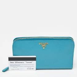 Prada Turquoise Saffiano Leather Zip Around Wallet