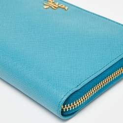 Prada Turquoise Saffiano Leather Zip Around Wallet