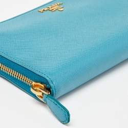 Prada Turquoise Saffiano Leather Zip Around Wallet