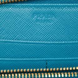 Prada Turquoise Saffiano Leather Zip Around Wallet