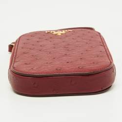 Pre Owned Prada Red Ostrich Leather Logo Phone Crossbody Pouch