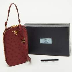 Pre Owned Prada Red Ostrich Leather Logo Phone Crossbody Pouch