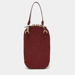 Pre Owned Prada Red Ostrich Leather Logo Phone Crossbody Pouch