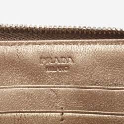 Pre Owned Prada Gold/Silver Woven Madras Leather Zip Around Wallet