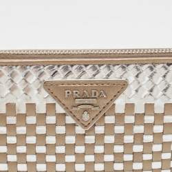 Pre Owned Prada Gold/Silver Woven Madras Leather Zip Around Wallet