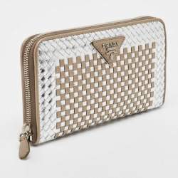 Pre Owned Prada Gold/Silver Woven Madras Leather Zip Around Wallet