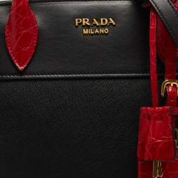 Pre Owned Prada Red/Black Crocodile and Saffiano Lux Leather Medium Esplanade Satchel