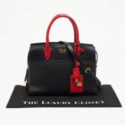 Pre Owned Prada Red/Black Crocodile and Saffiano Lux Leather Medium Esplanade Satchel
