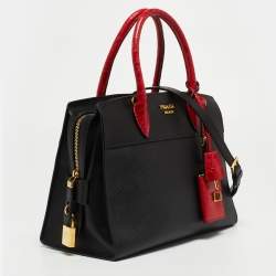 Pre Owned Prada Red/Black Crocodile and Saffiano Lux Leather Medium Esplanade Satchel