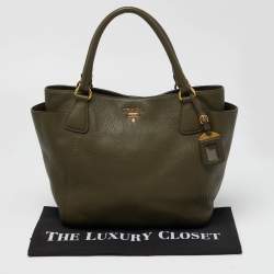 Pre Owned Prada Green Vitello Daino Leather Sacca 2 Manici Tote