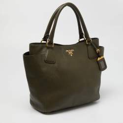 Pre Owned Prada Green Vitello Daino Leather Sacca 2 Manici Tote