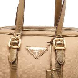 Pre Owned Prada Beige/Gold Canvas and Leather Zip Satchel