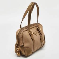 Pre Owned Prada Beige/Gold Canvas and Leather Zip Satchel